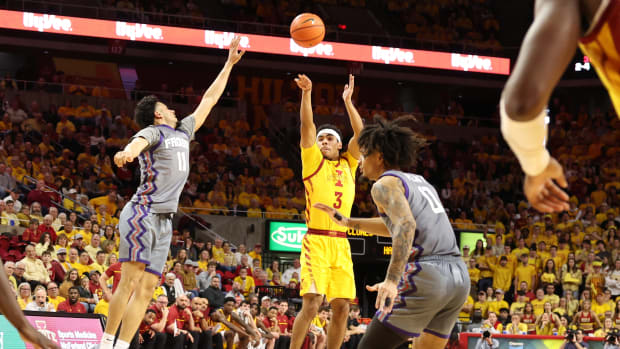 Feb 10, 2024; Ames, Iowa, USA; Iowa State Cyclones guard Tamin Lipsey (3) shoots over TCU Horned Frogs guard Trevian Tennyson (11) during the first half at James H. Hilton Coliseum. Mandatory Credit: Reese Strickland-USA TODAY Sports  